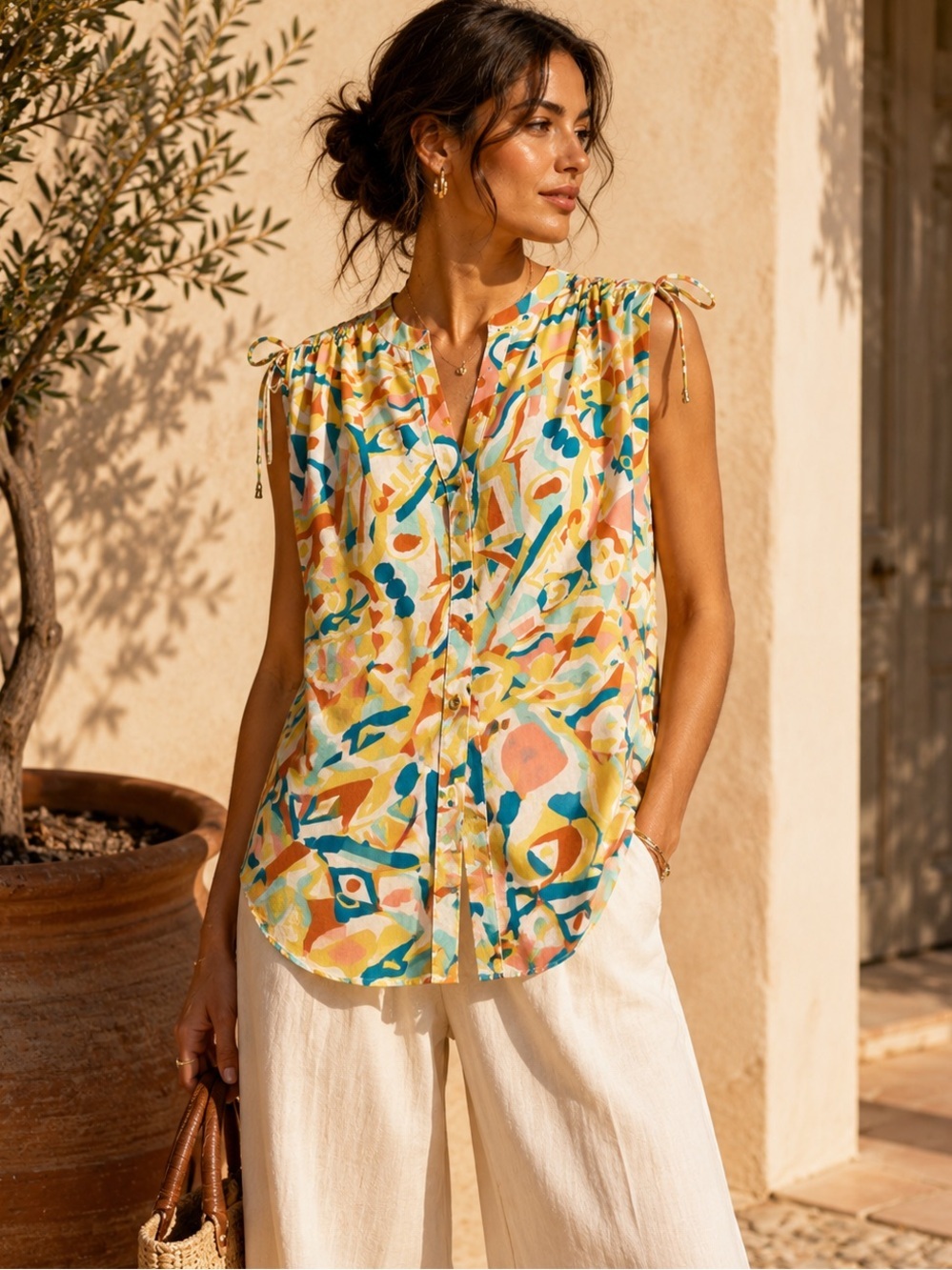 Anthropologie Danielle Kroll Art Print Cotton Resort Blouse XS Euro Summer